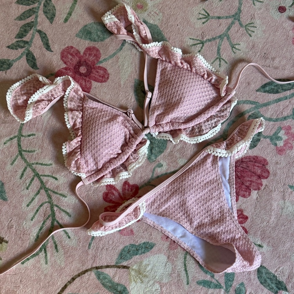 Pink Ruffled Crochet-Trim Bikini Set NEVER WORN